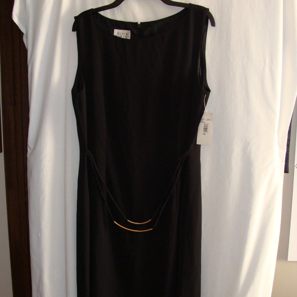 VINTAGE 90s Black Sleeveless Faux Belted SHEATH DRESS Sz 16 by DAVID WARREN